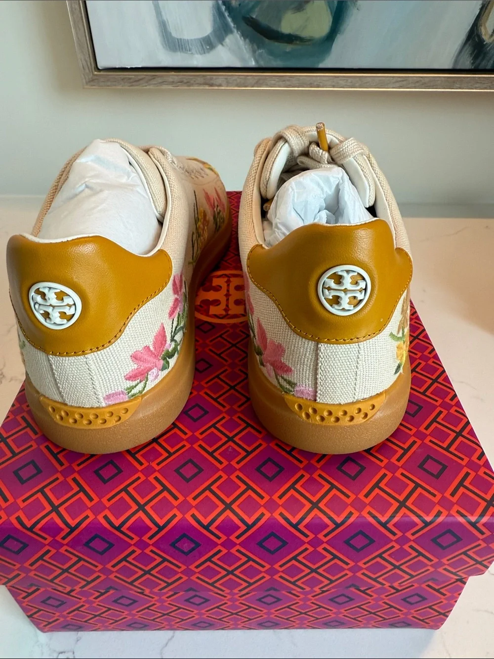 Tory Burch Cream Canvas Floral Embroidered Sneakers with Mustard Accents
